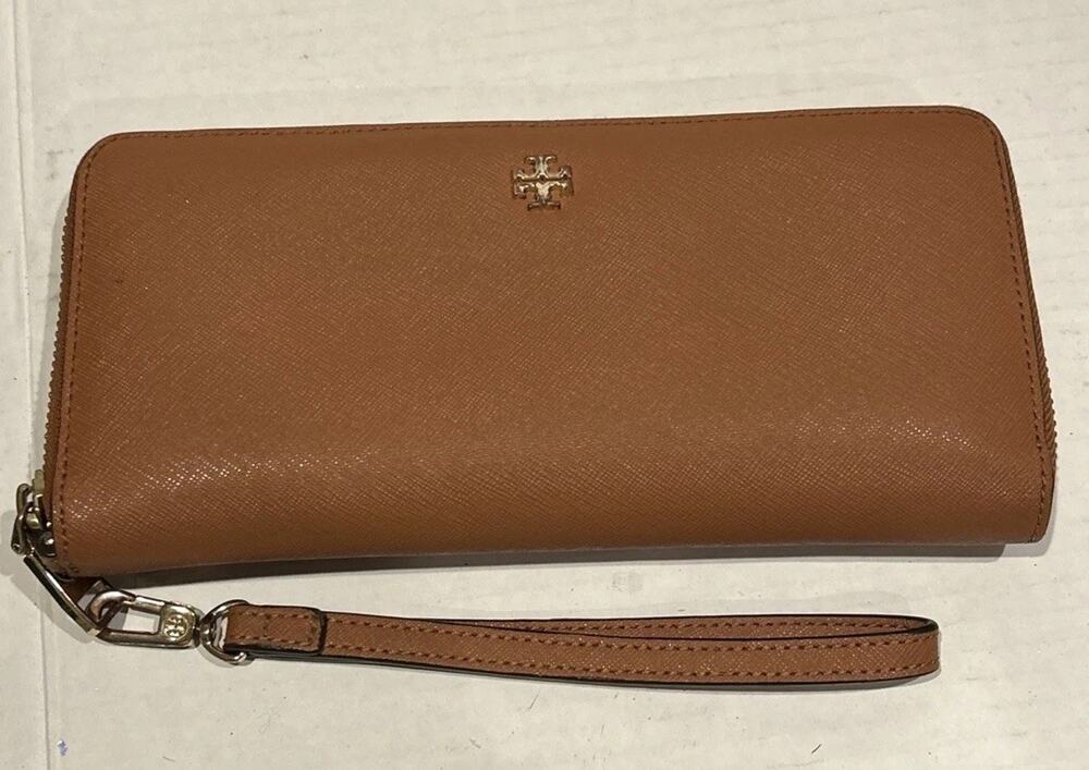 Tory Burch Brown Gold Emerson Saffiano Leather Wristlet Continental Wallet